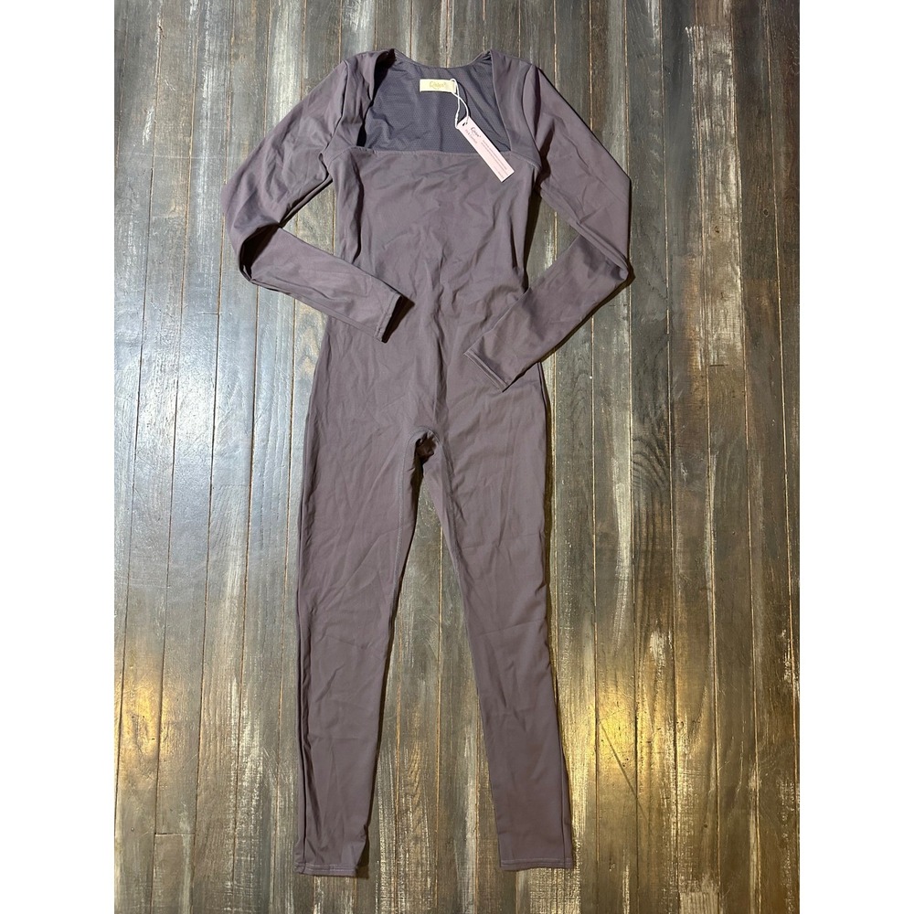 Qinsen Women Long Sleeve Square Neck Bodysuit Jumpsuit Mauve Taupe Medium